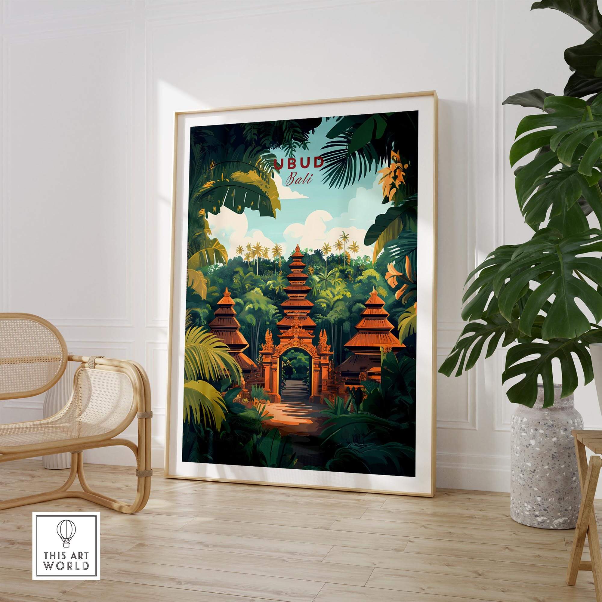 Ubud Bali Wall Art Print showcasing vibrant colors and intricate details in a tropical setting.