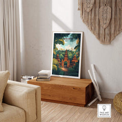 Ubud Bali Wall Art Print showcasing vibrant colors and intricate details in a cozy interior setting.