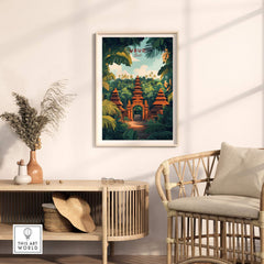 Ubud Bali Wall Art Print showcasing lush greenery and traditional architecture in a vibrant home setting.
