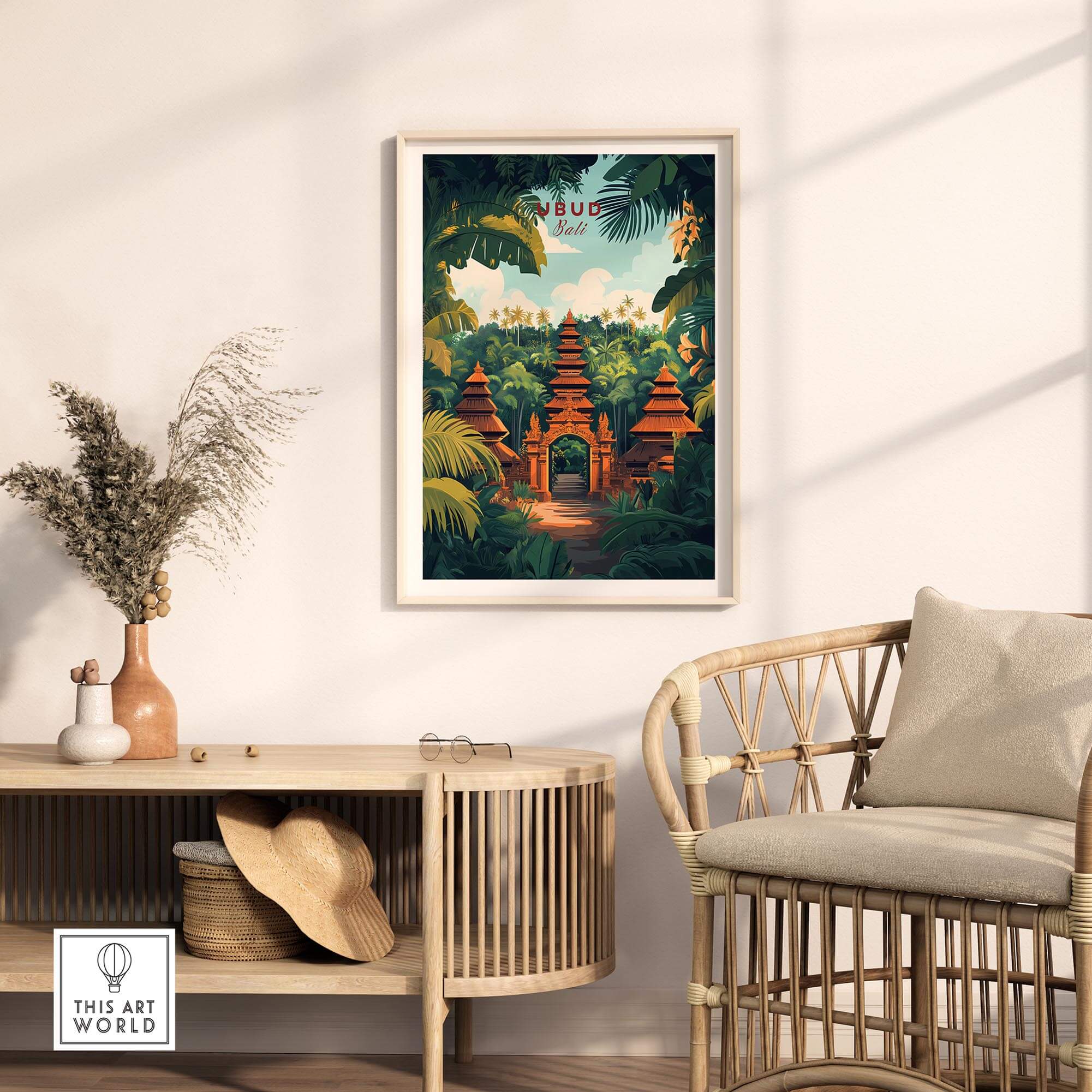 Ubud Bali Wall Art Print showcasing lush greenery and traditional architecture in a vibrant home setting.