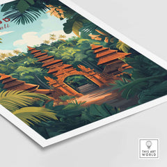 Ubud Bali Wall Art Print featuring lush greenery and intricate temple architecture in a vibrant, colorful design.