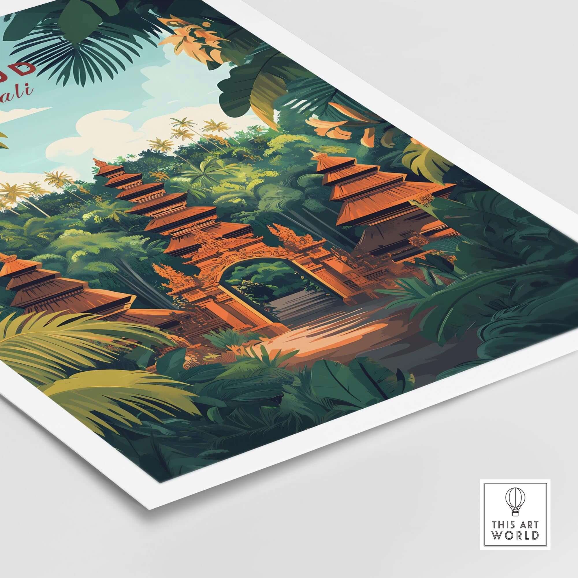 Ubud Bali Wall Art Print featuring lush greenery and intricate temple architecture in a vibrant, colorful design.