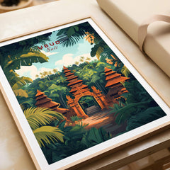 Ubud Bali Wall Art Print featuring a tropical temple scene surrounded by lush greenery and vibrant colors.