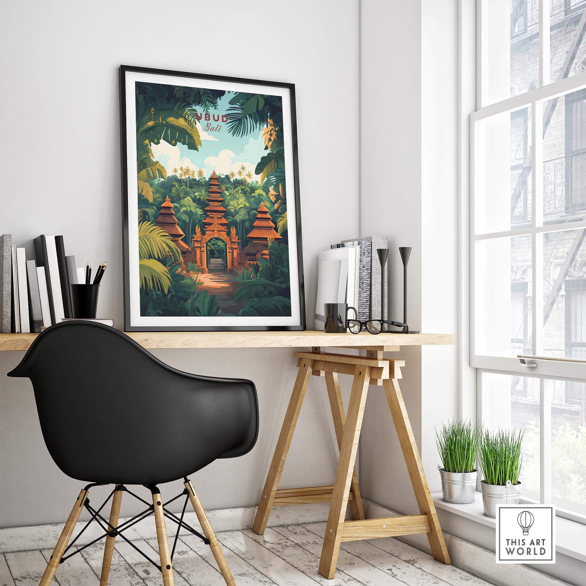Ubud Bali Wall Art Print showcasing vibrant colors and intricate details in a stylish interior setting.