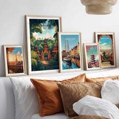 Ubud Bali Wall Art Print displayed among other travel posters, enhancing home decor with vibrant colors and intricate details.