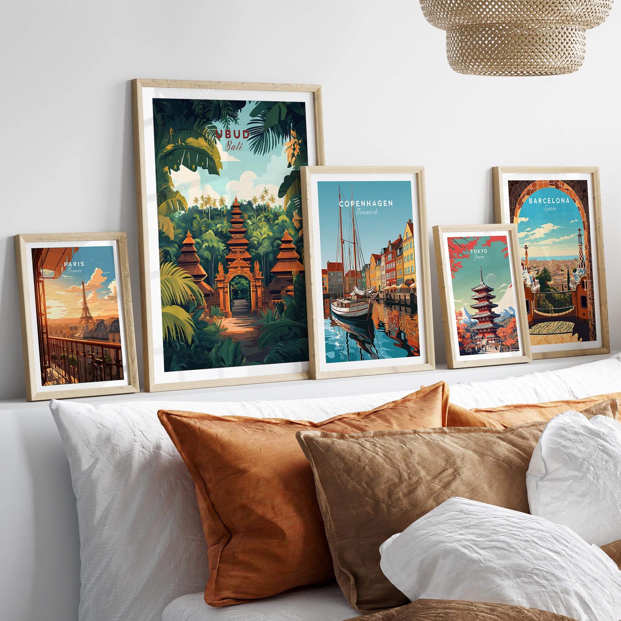 Ubud Bali Wall Art Print displayed among other travel posters, enhancing home decor with vibrant colors and intricate details.