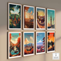 Ubud Bali Wall Art Print among vibrant travel poster art, showcasing iconic destinations like Paris, Barcelona, and Tokyo.
