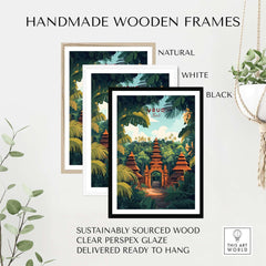 Ubud Bali Wall Art Print showcased in handmade wooden frames in natural, white, and black finishes, ready to hang.