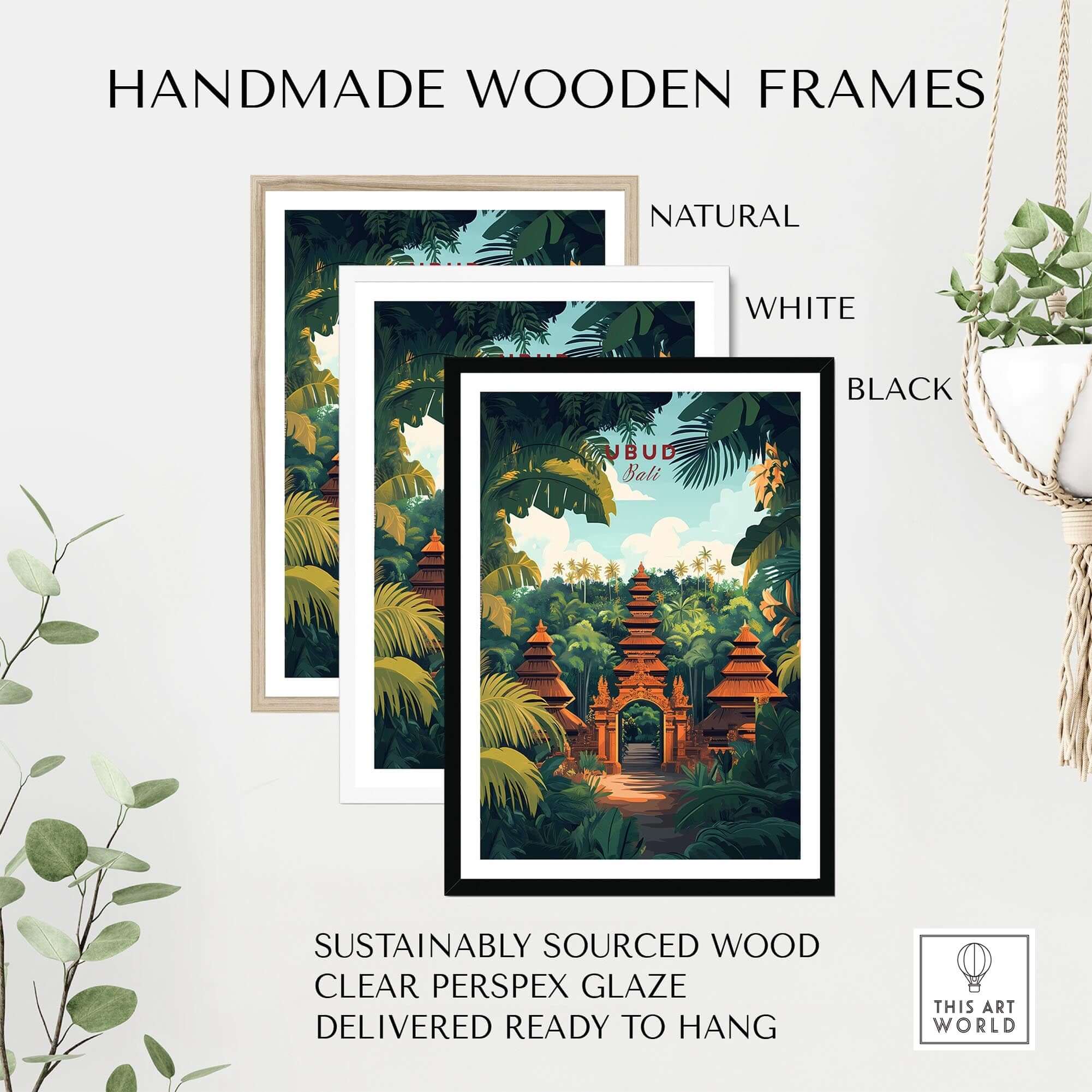 Ubud Bali Wall Art Print showcased in handmade wooden frames in natural, white, and black finishes, ready to hang.