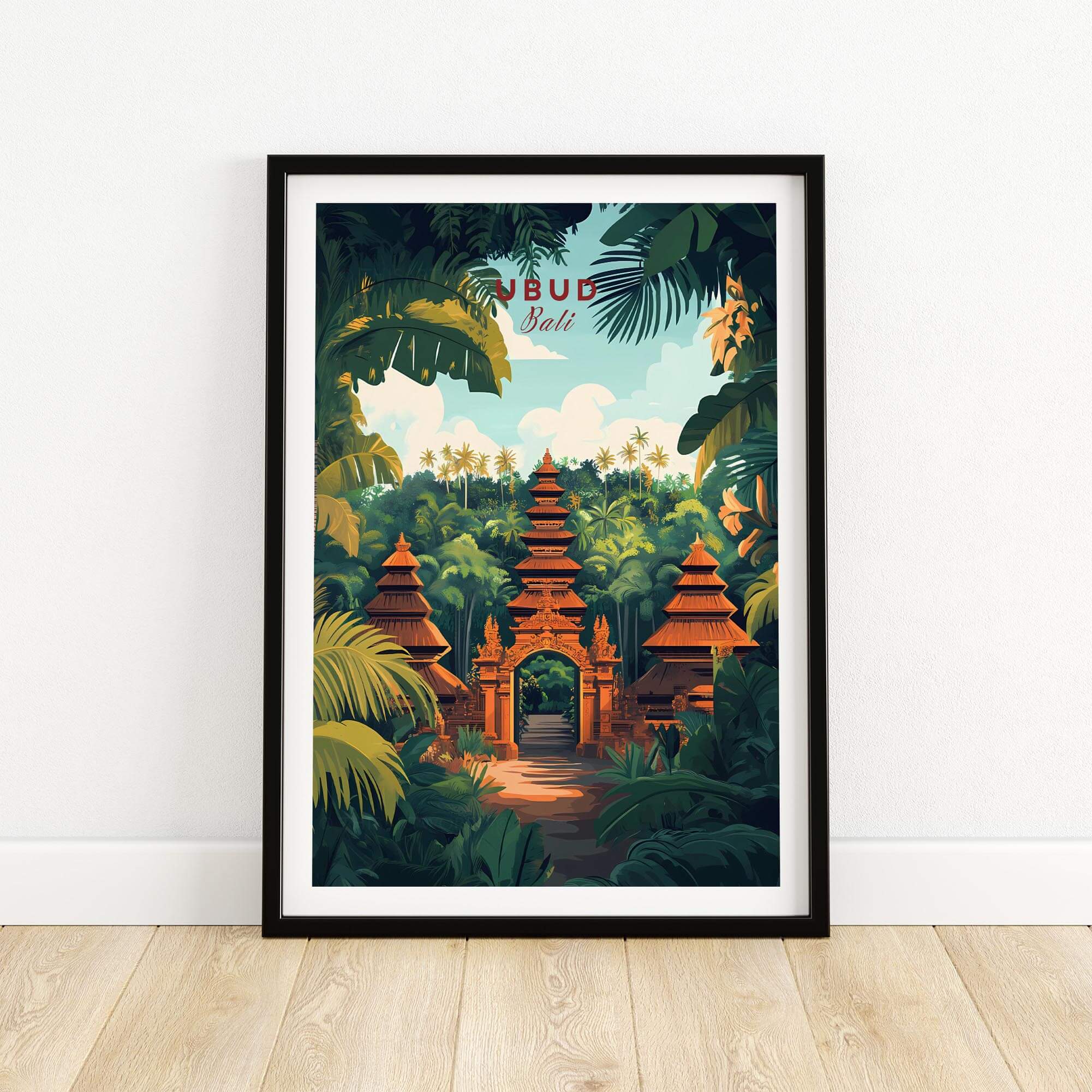 Ubud Bali Wall Art Print showcasing a vibrant temple surrounded by lush greenery, perfect for adding culture to any space.