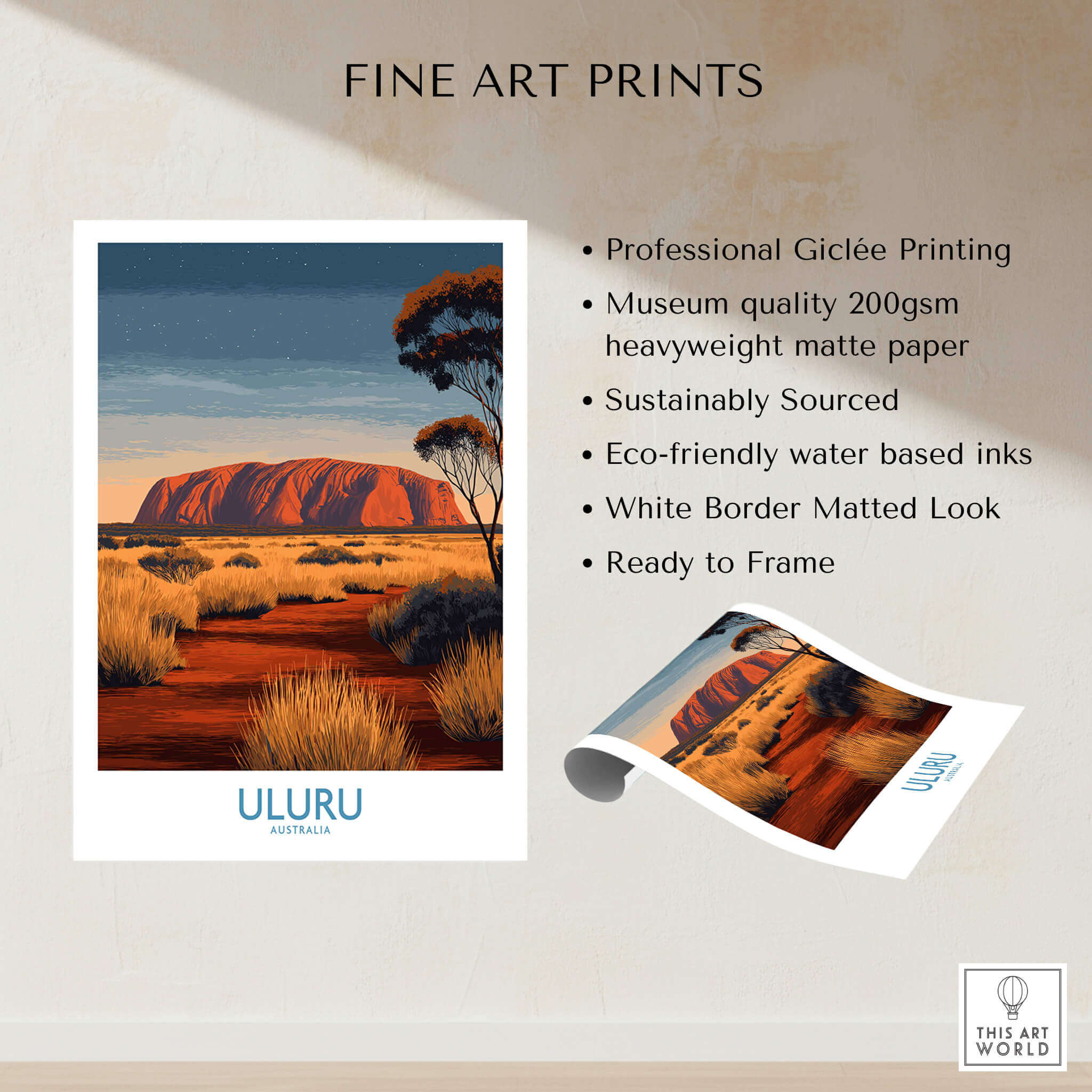 Uluru Australia Poster | Desert Sunset Canvas Print showcasing professional Giclée printing and sustainable material.