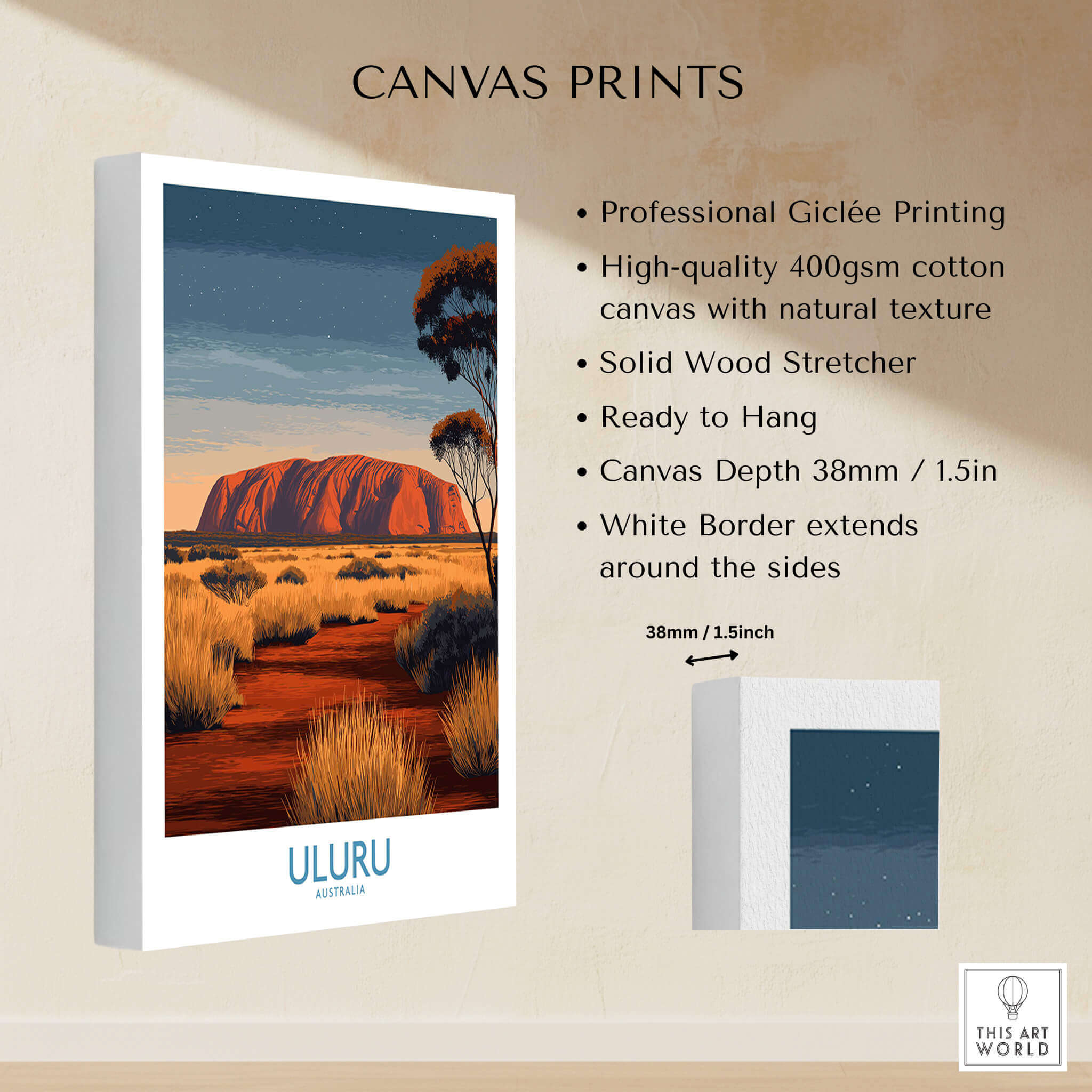 Uluru Australia Poster | Desert Sunset Canvas Print showcasing professional Giclée printing and ready to hang design.