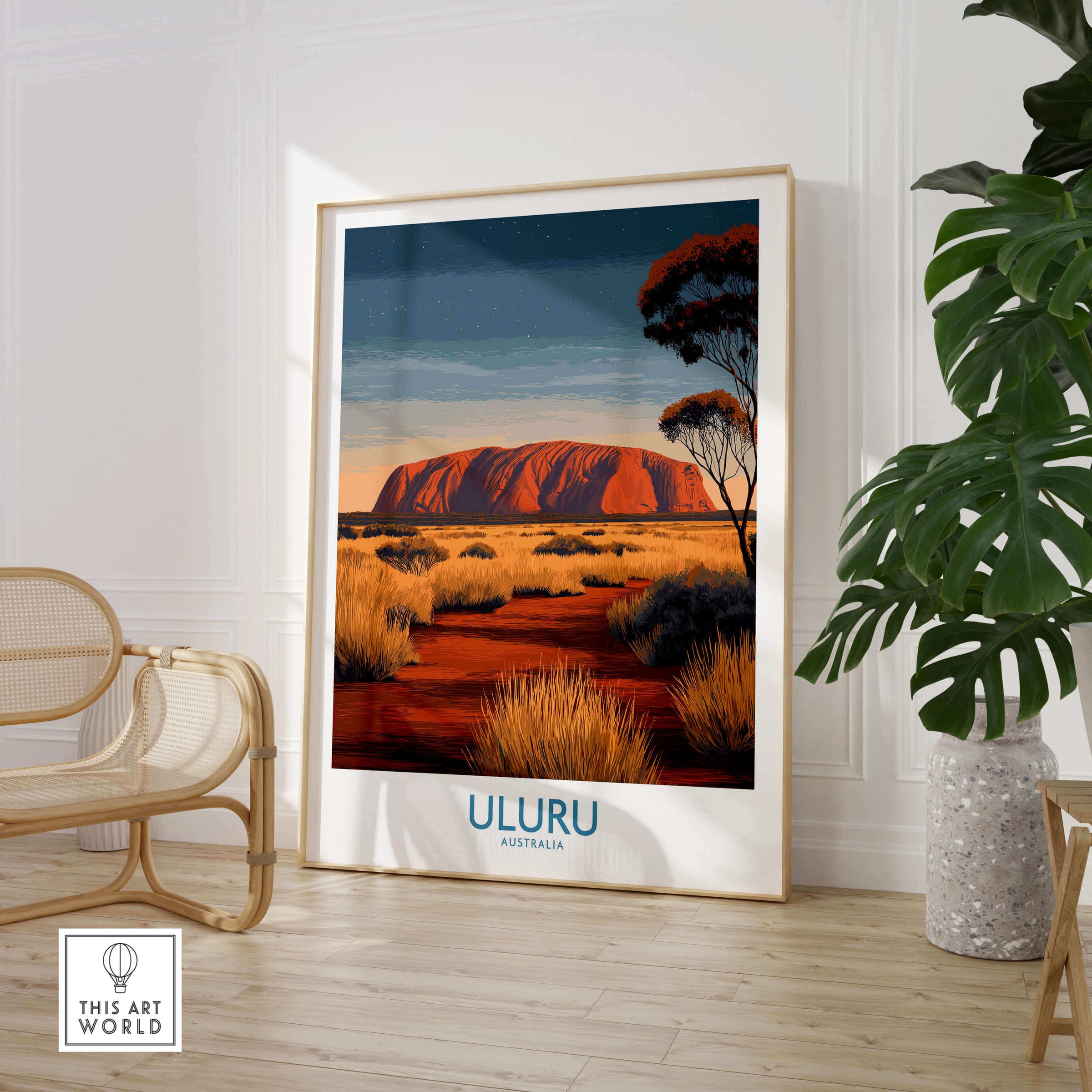 Uluru Australia Poster | Desert Sunset Canvas Print in a stylish interior setting with a framed artwork.
