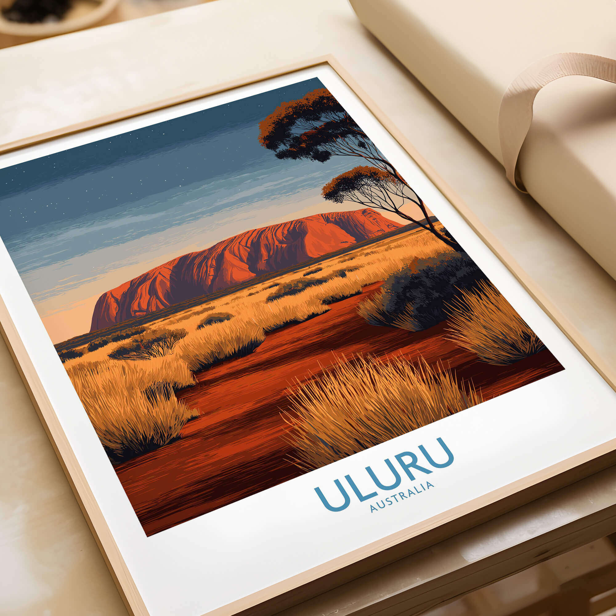 Uluru Australia Poster | Desert Sunset Canvas Print featuring vibrant colors of the iconic monolith in a serene landscape.