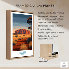 Uluru Australia Poster | Desert Sunset Canvas Print framed in natural wood with professional Giclée printing features.