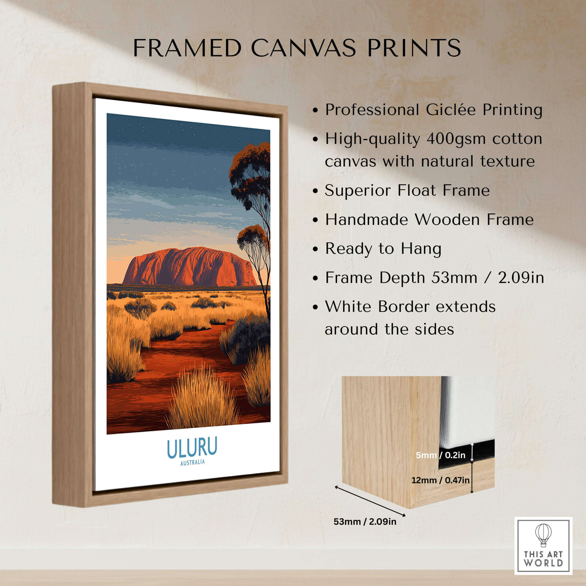 Uluru Australia Poster | Desert Sunset Canvas Print framed in natural wood with professional Giclée printing features.