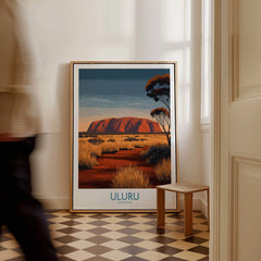 Uluru Australia Poster | Desert Sunset Canvas Print displayed in a stylish interior, showcasing the majestic Uluru rock formation.