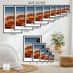 Uluru Australia Poster | Desert Sunset Canvas Print size guide showing various frame options and dimensions.