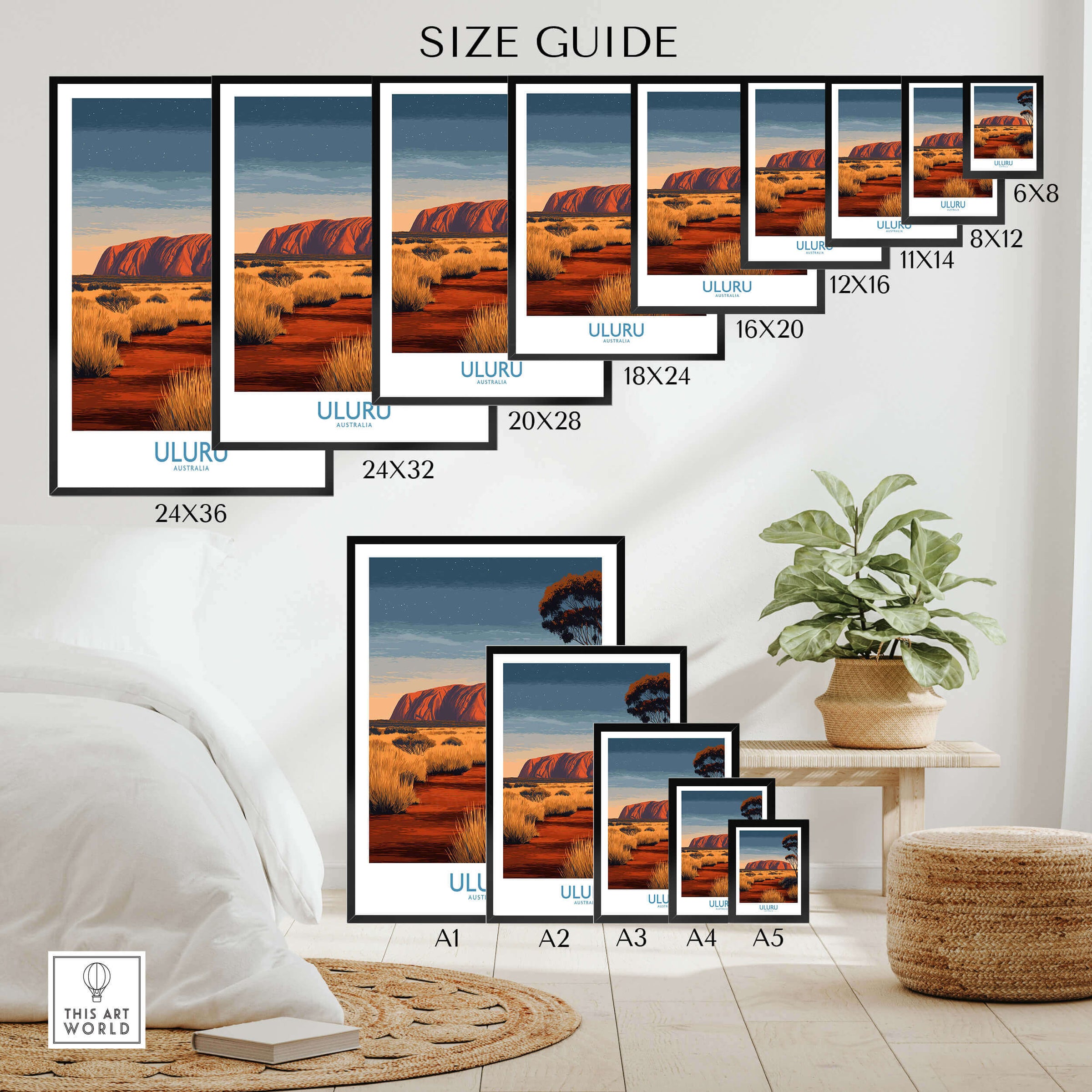Uluru Australia Poster | Desert Sunset Canvas Print size guide showing various frame options and dimensions.