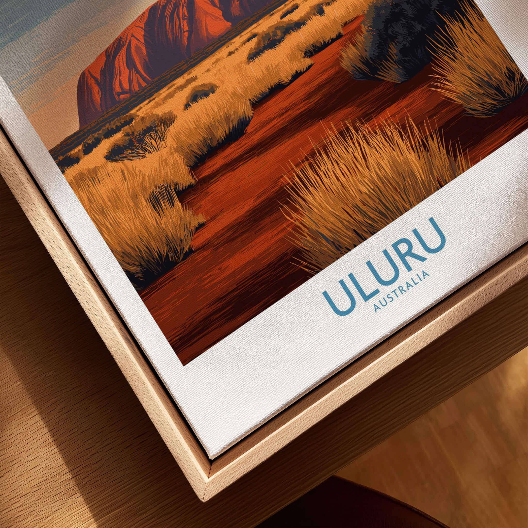 Uluru Australia Poster | Desert Sunset Canvas Print featuring a vibrant landscape of Uluru with golden grass.