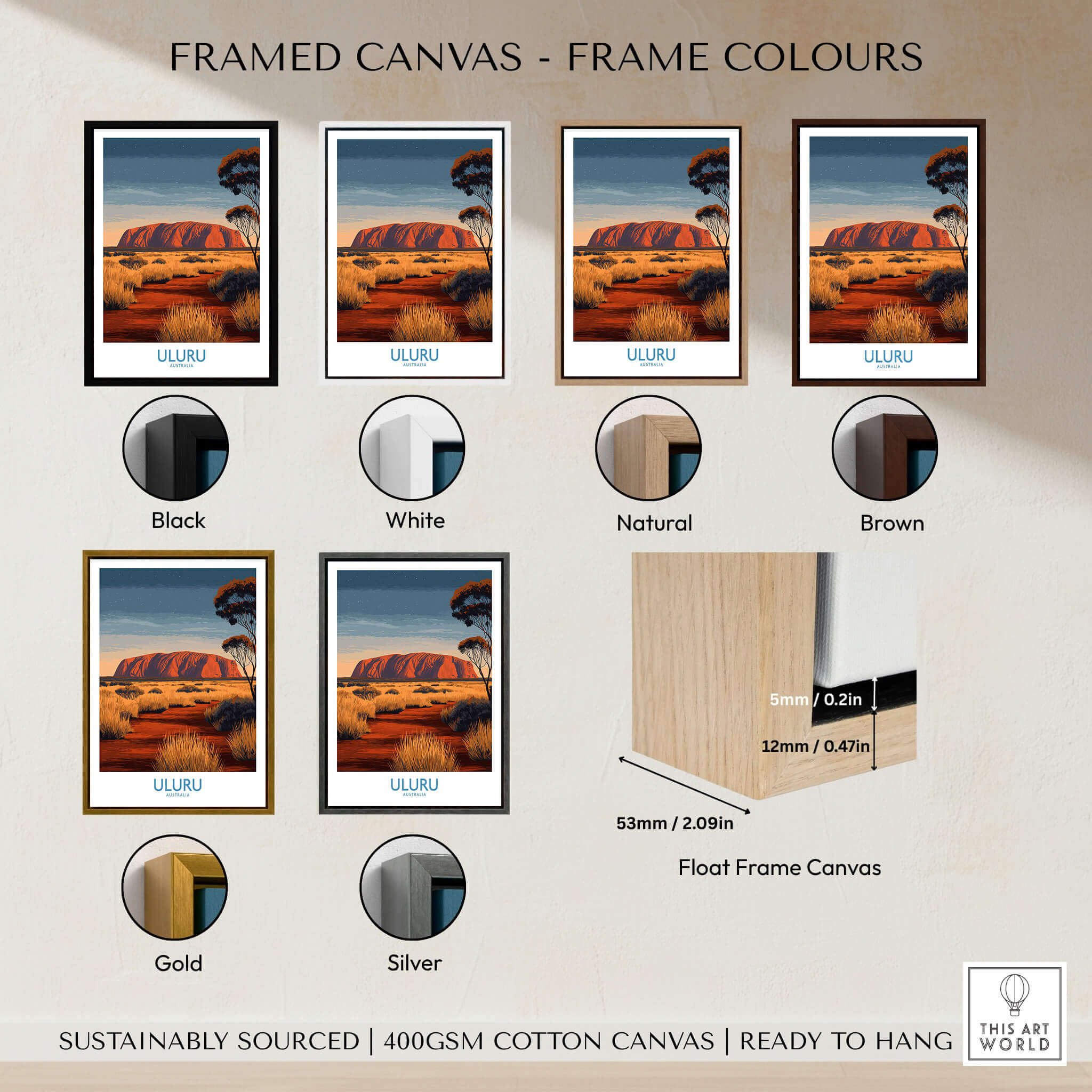 Uluru Australia Poster | Desert Sunset Canvas Print framed in various colors including black, white, natural, brown, gold, and silver.