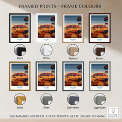 Uluru Australia Poster | Desert Sunset Canvas Print displayed in various frame colors including black, white, natural, brown, gold, silver, dark grey, and light grey.