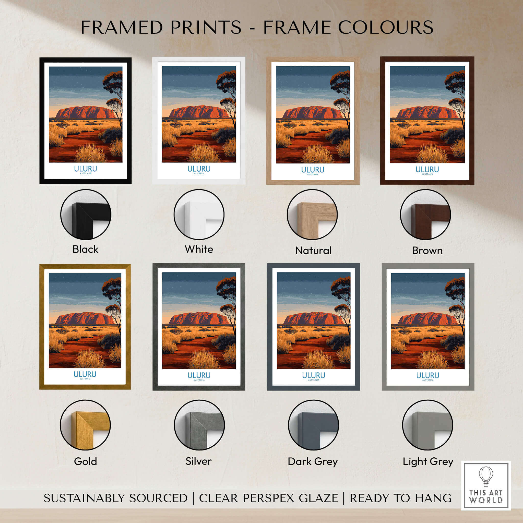 Uluru Australia Poster | Desert Sunset Canvas Print displayed in various frame colors including black, white, natural, brown, gold, silver, dark grey, and light grey.