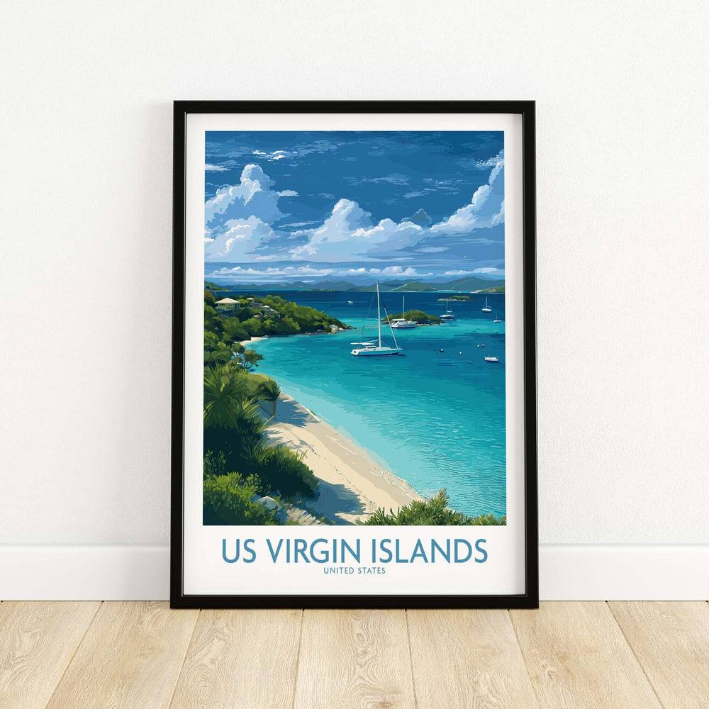 US Virgin Islands beach poster featuring sailboats and turquoise waters in a captivating coastal scene.