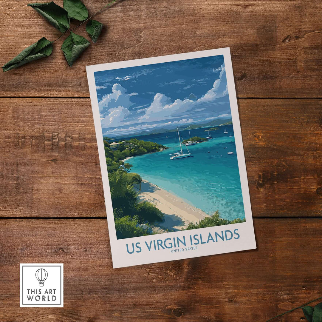 US Virgin Islands beach poster featuring a sailboat and turquoise waters, perfect for coastal decor.