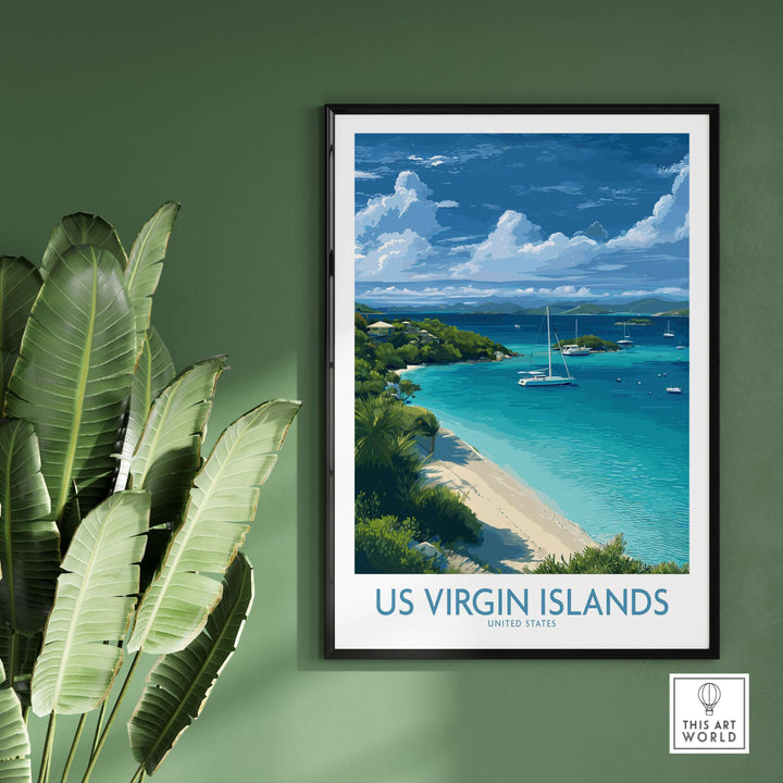 US Virgin Islands beach poster art featuring sailing boats and turquoise waters.