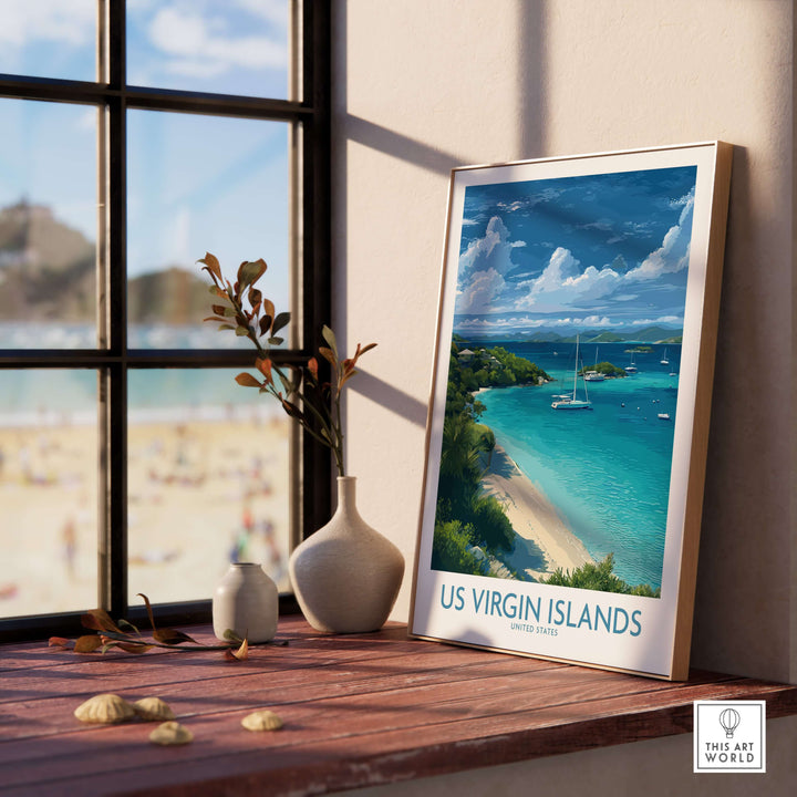 US Virgin Islands beach poster showcasing sailboats and turquoise waters, perfect for coastal decor.