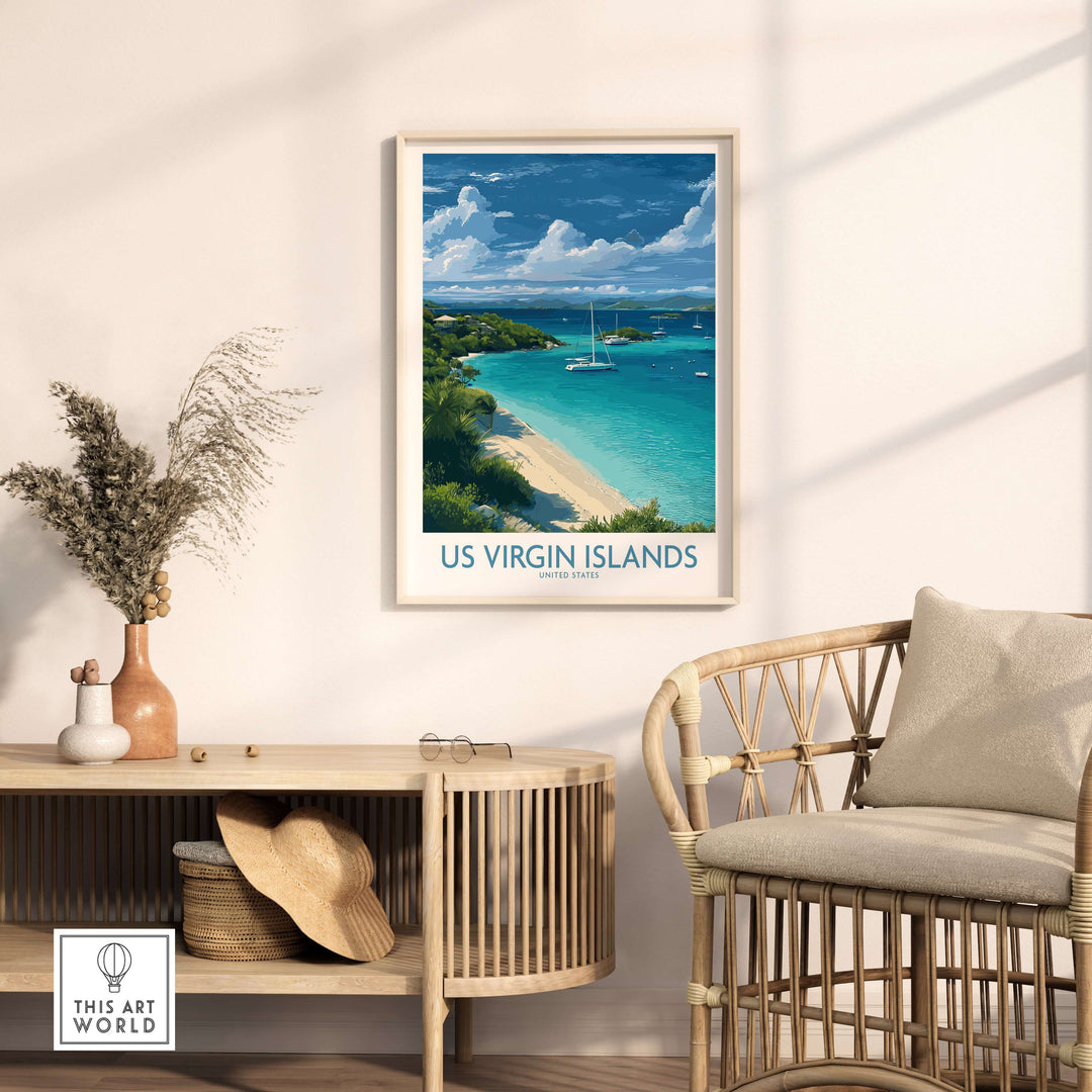 US Virgin Islands beach poster with a sailboat and turquoise waters, perfect for coastal decor and travel enthusiasts.