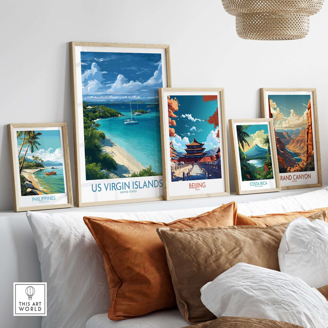 Framed beach posters featuring US Virgin Islands, Philippines, Beijing, Costa Rica, and Grand Canyon, displayed in a cozy setting.