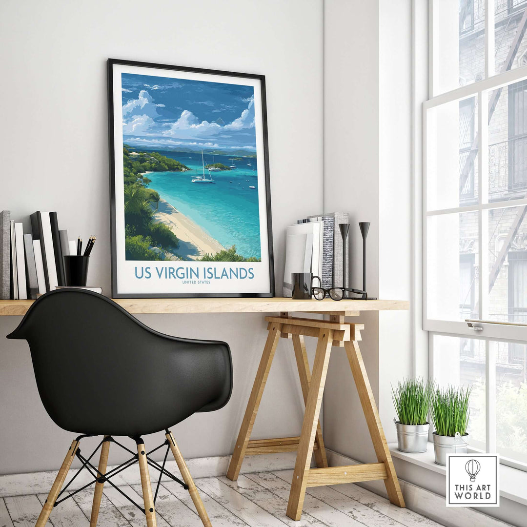 US Virgin Islands beach poster in a modern workspace featuring crystal-clear waters and a sailboat.