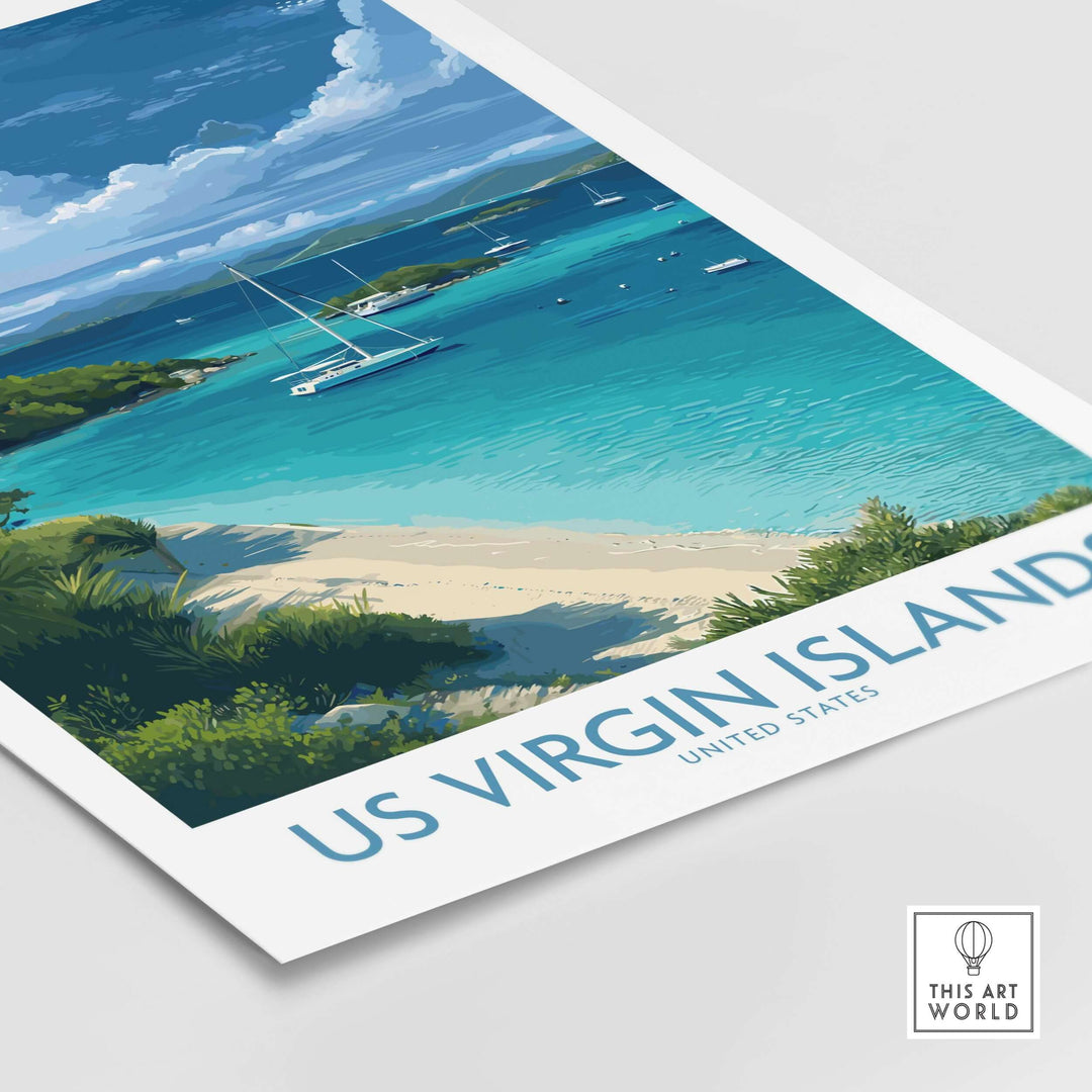 US Virgin Islands beach poster featuring sailboats and turquoise waters, perfect for travel and coastal wall art.