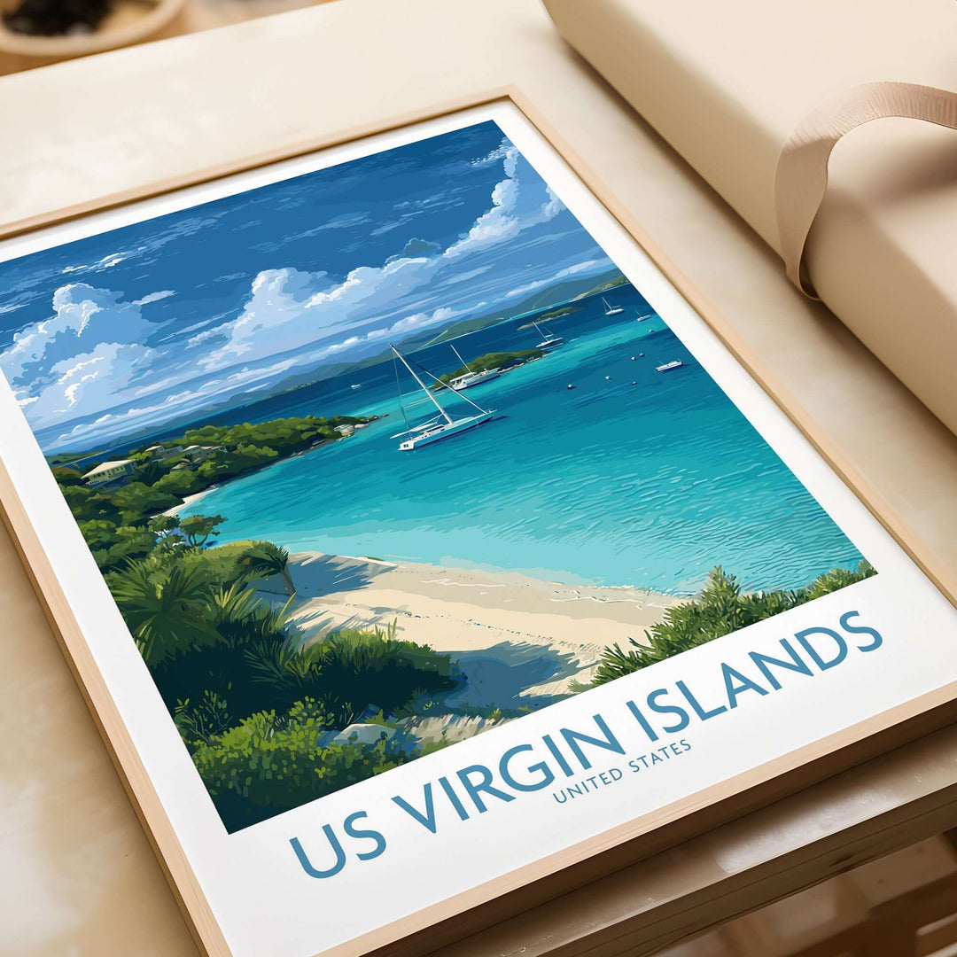 US Virgin Islands beach poster featuring a sailboat and turquoise waters, showcasing Caribbean coastal beauty.