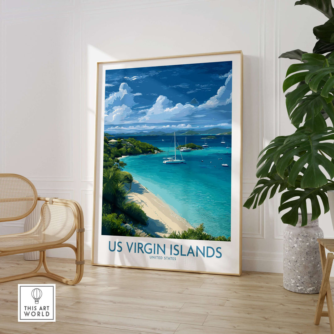 US Virgin Islands beach poster featuring a sailboat and clear Caribbean waters, perfect for coastal decor.