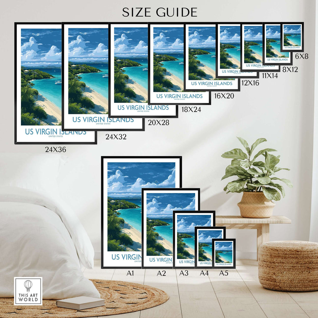 Size guide for US Virgin Islands beach poster prints in various dimensions displayed in a stylish living room.