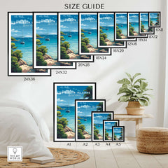Size guide for US Virgin Islands Coastal Poster - St. Thomas Marina Art Print - Tropical Wall Decor in different frame sizes.