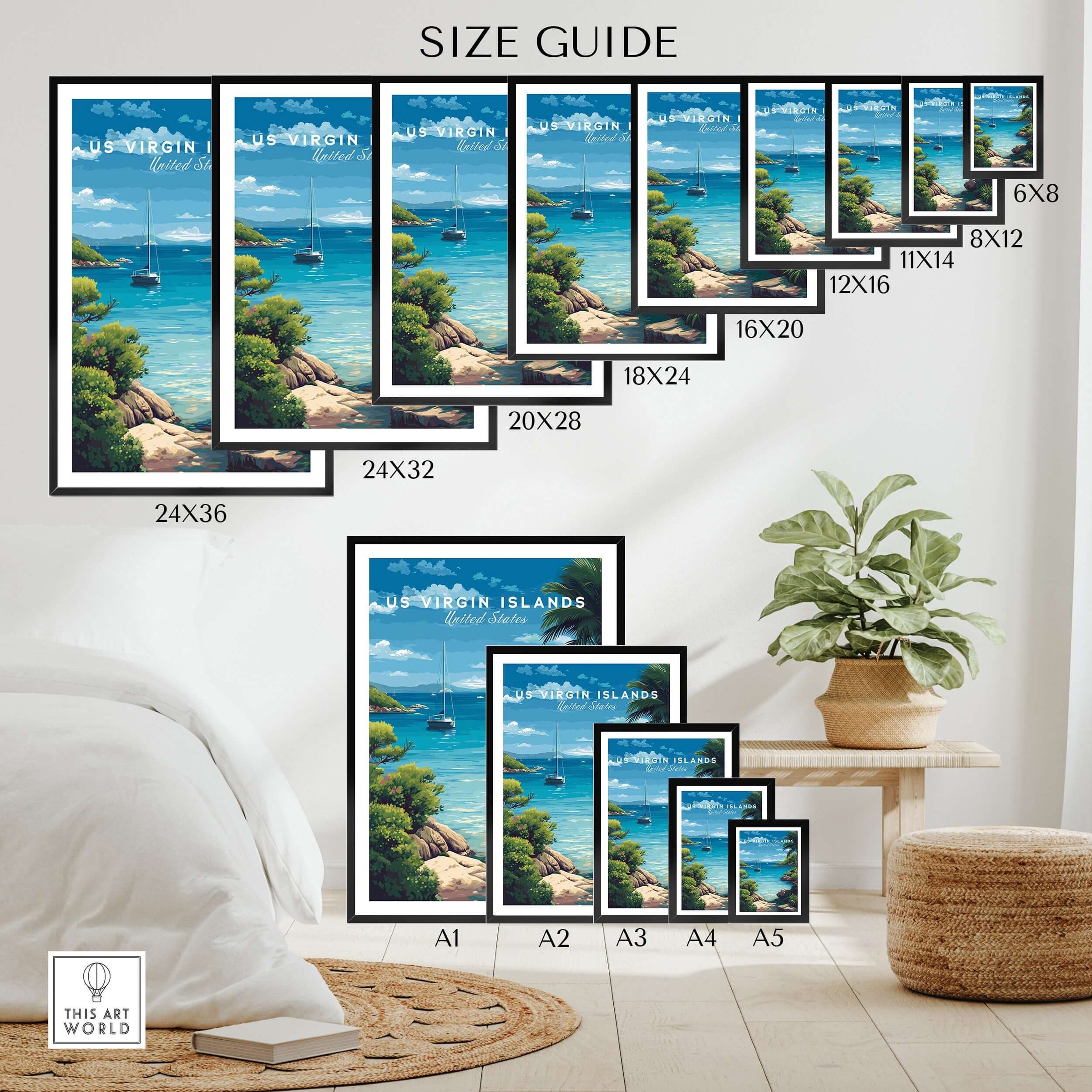 Size guide for US Virgin Islands Coastal Poster - St. Thomas Marina Art Print - Tropical Wall Decor in different frame sizes.