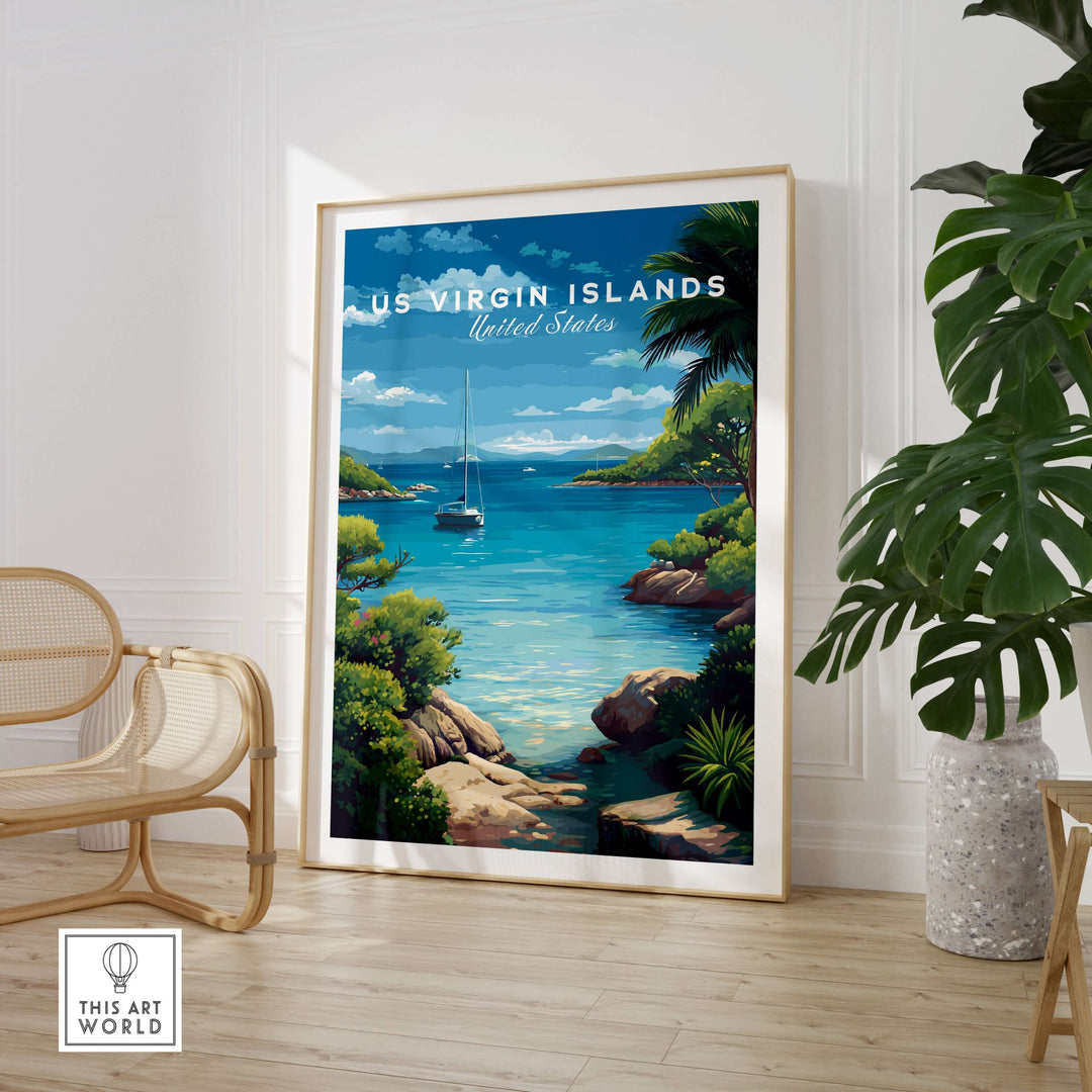 US Virgin Islands coastal poster featuring St. Thomas Marina, vibrant tropical decor for home spaces.