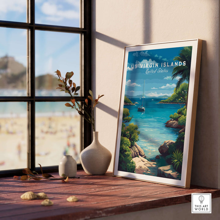 US Virgin Islands coastal poster featuring St. Thomas Marina displayed indoors, showcasing tropical wall decor and serene seaside views.