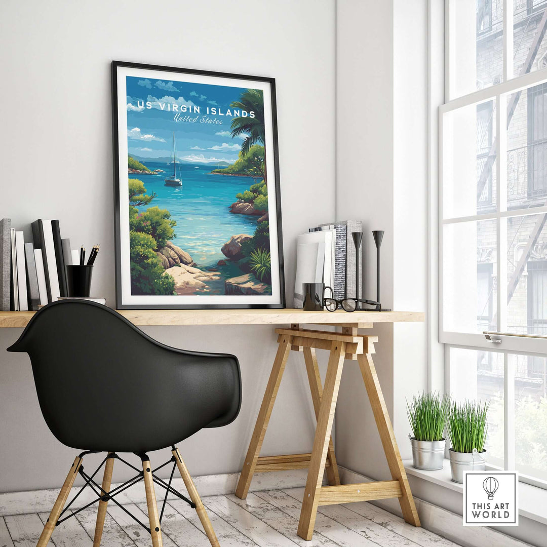 US Virgin Islands coastal poster in a modern workspace, showcasing St. Thomas Marina art print and tropical decor.