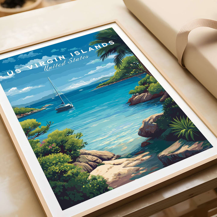 US Virgin Islands coastal poster featuring St. Thomas Marina with vibrant tropical scenery and serene ocean views.