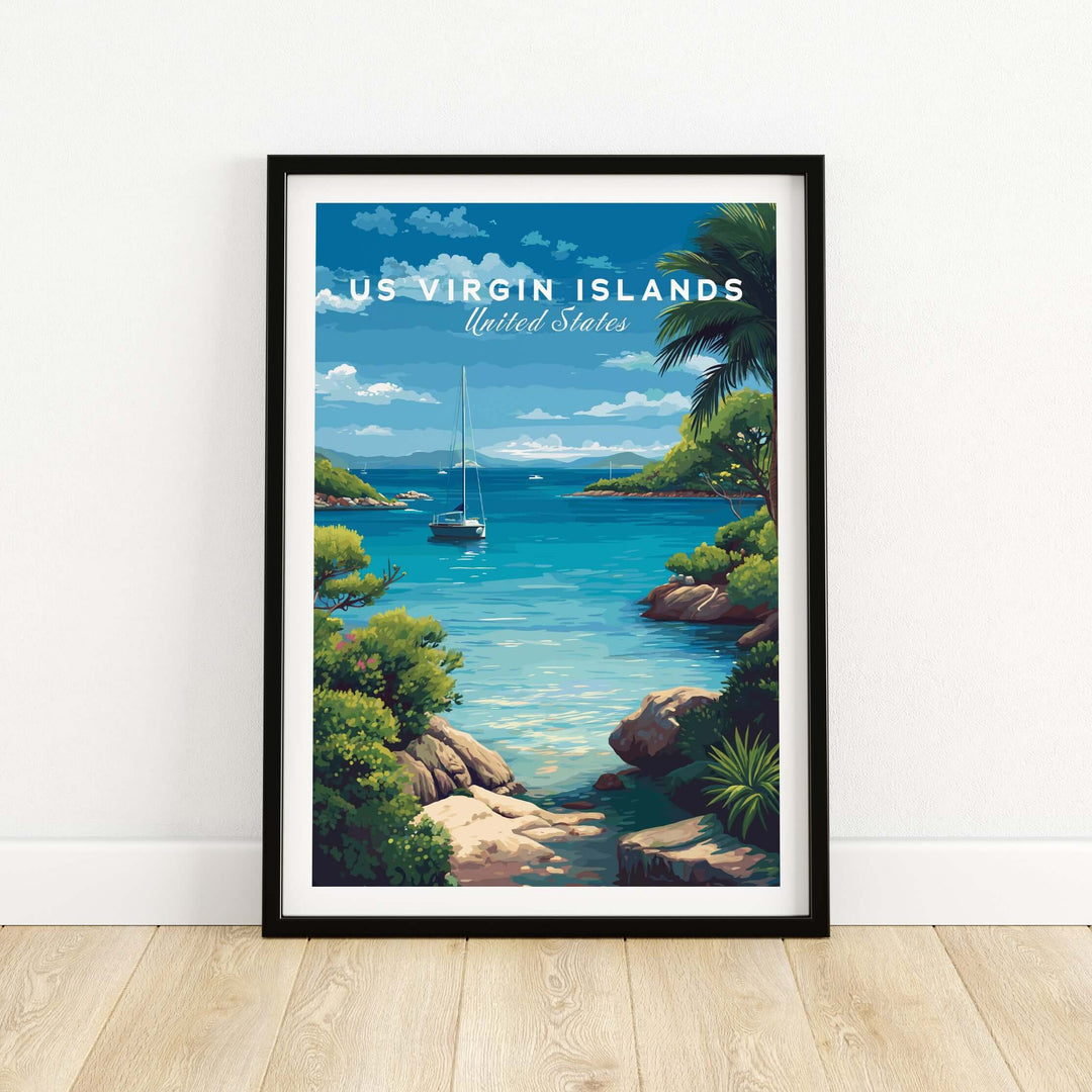 US Virgin Islands coastal poster art print of St. Thomas Marina, showcasing tropical scenery and serene seaside views.