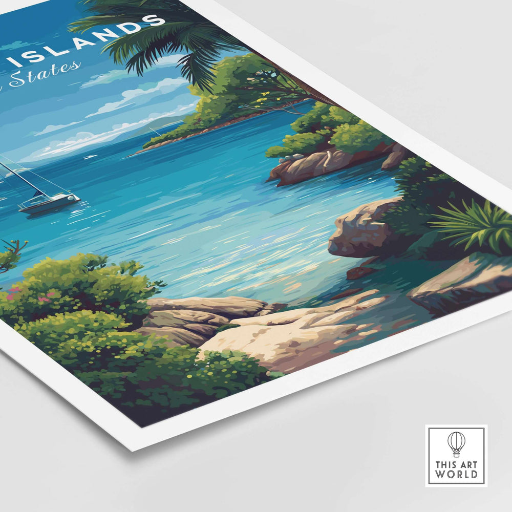 US Virgin Islands coastal poster showcasing St. Thomas Marina with vibrant turquoise waters and lush green scenery.