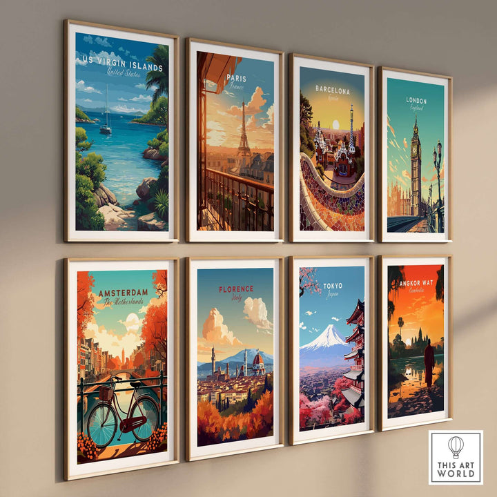 Gallery of coastal and city posters including US Virgin Islands, Paris, Barcelona, London, and more.