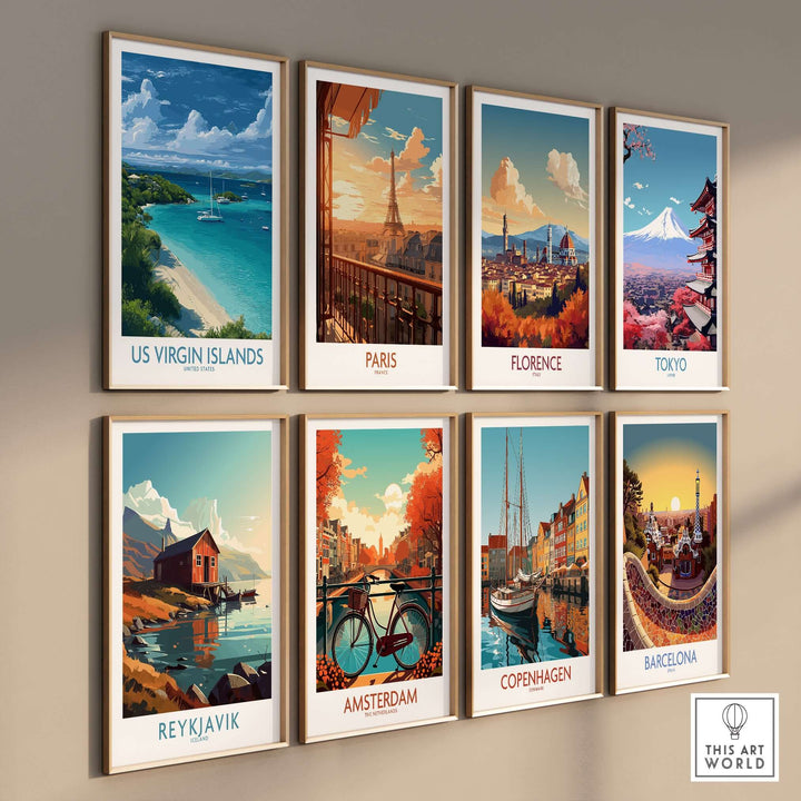 Gallery of travel posters featuring US Virgin Islands, Paris, Florence, Tokyo, Reykjavik, Amsterdam, Copenhagen, and Barcelona.