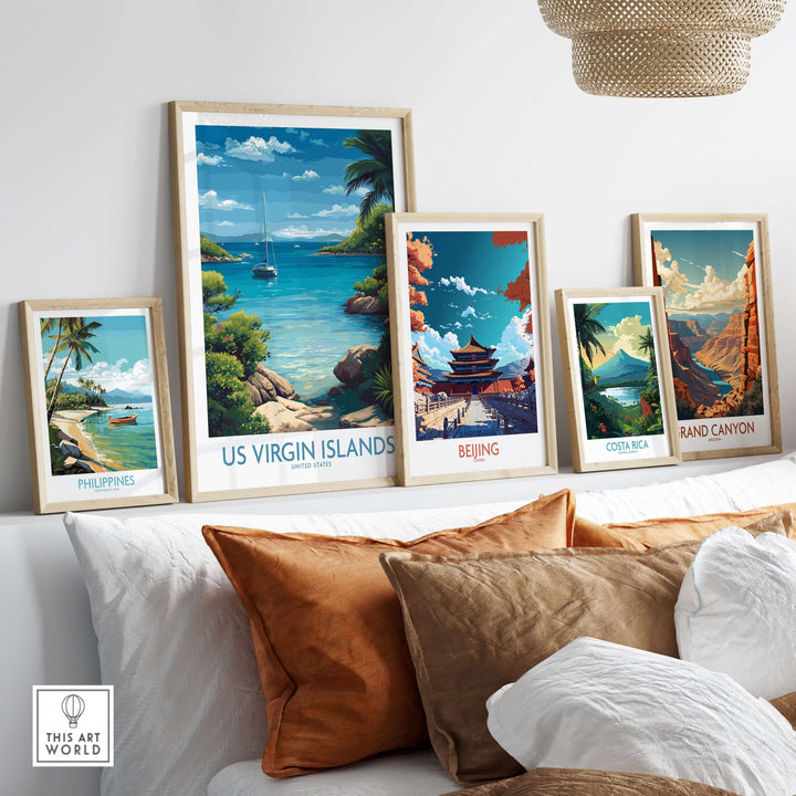 Stylish travel posters including US Virgin Islands and others, showcasing tropical destinations and vibrant ocean views.