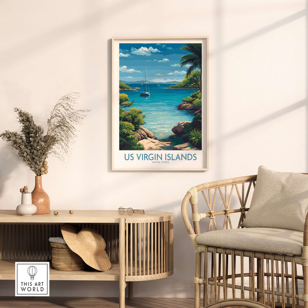 US Virgin Islands poster featuring a serene blue ocean and tropical scene, perfect for coastal wall art.